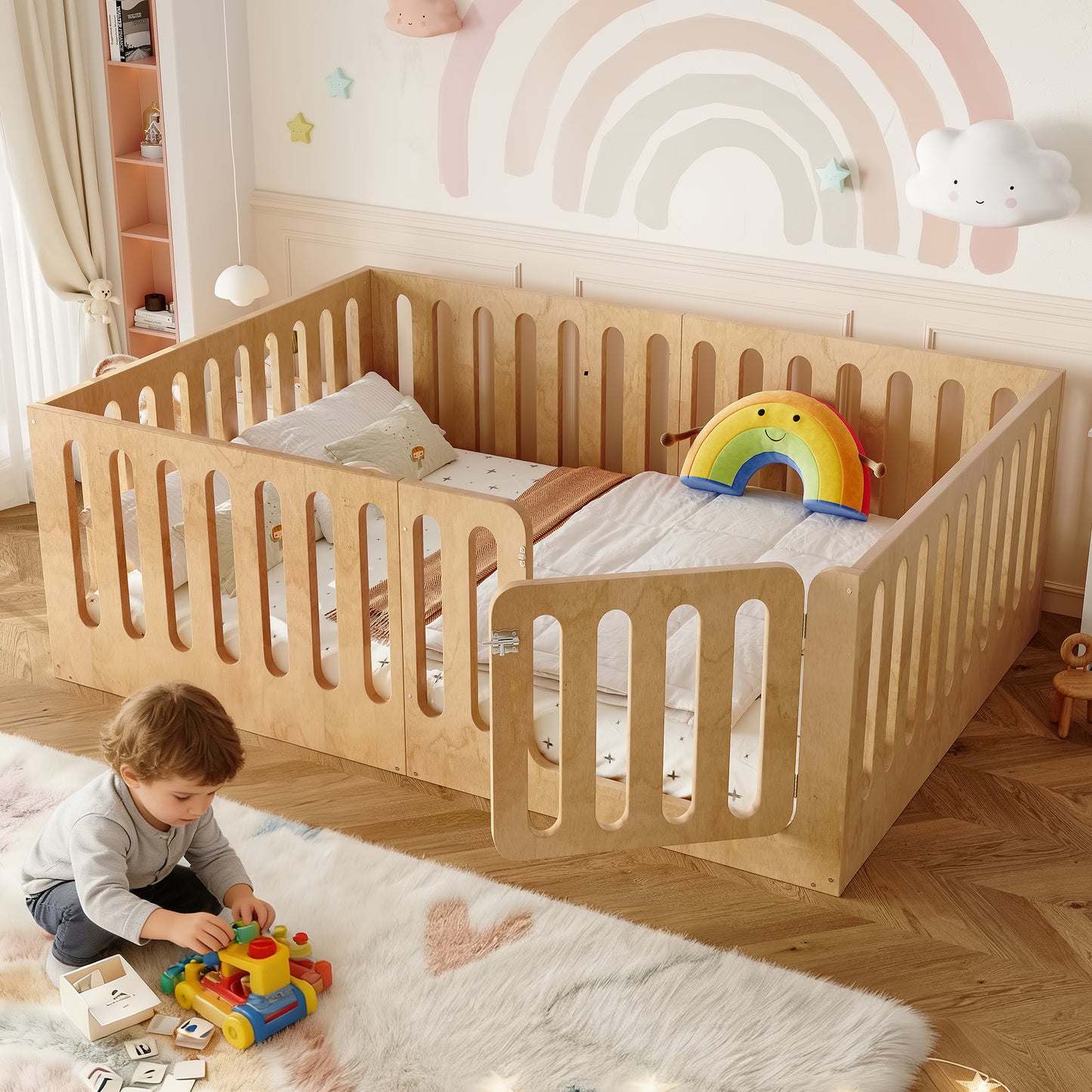 Full Size Floor Bed with High Fence for Kids, Solid Wood Kids Montessori Bed with Door, low-profile and No Box Spring Needed Design, Natural.(Patent Protection)