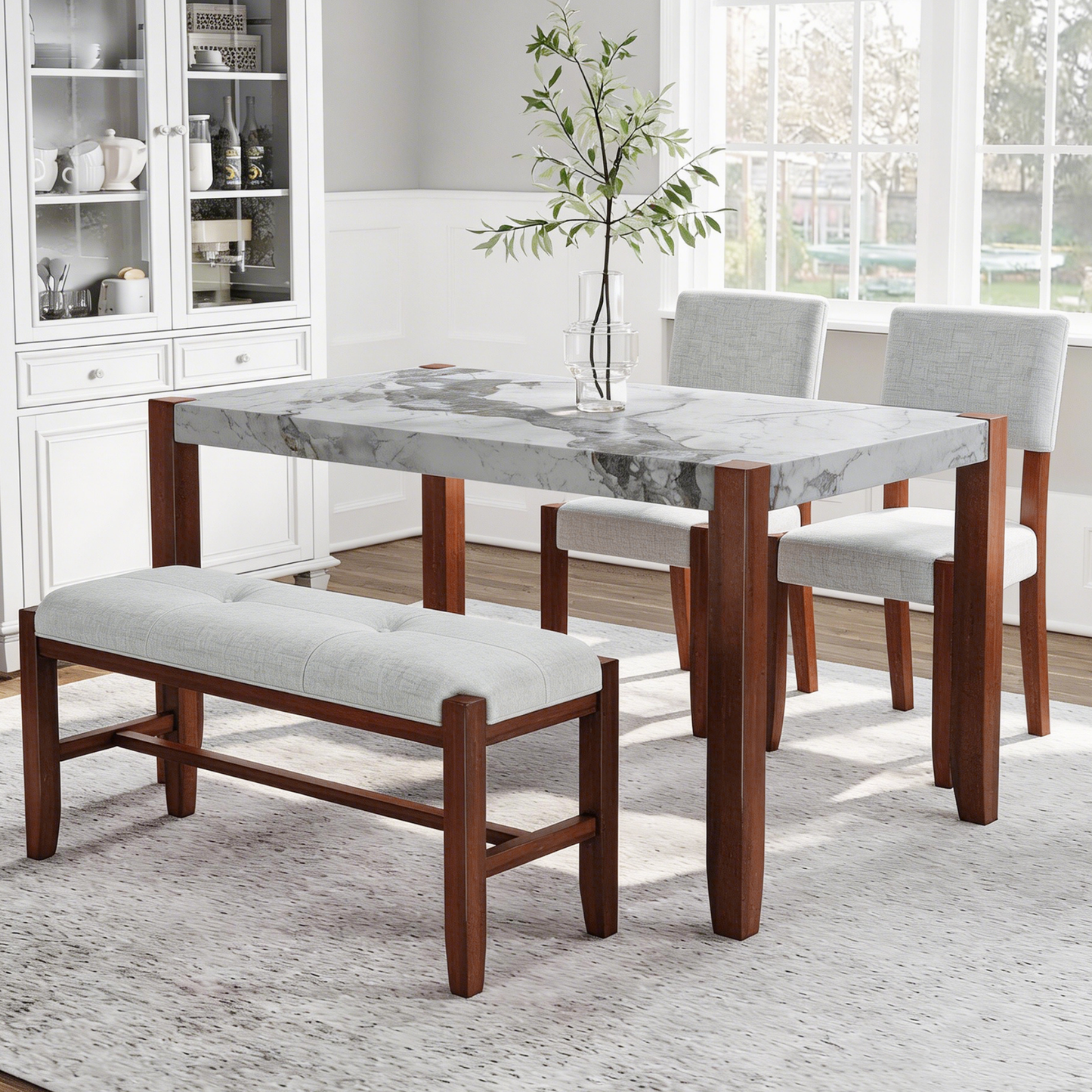 4-Piece Dining Set, 1 Marble-Look Table with 2 Upholstered Chairs and 1 Bench with Solid Rubber Wood Legs, Padded Seat, Curved Backrest, Space-Saving, Dining Room, Beige