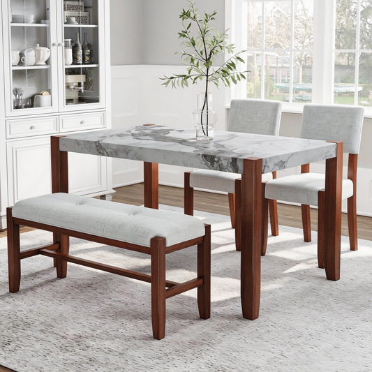 4-Piece Dining Set, 1 Marble-Look Table with 2 Upholstered Chairs and 1 Bench with Solid Rubber Wood Legs, Padded Seat, Curved Backrest, Space-Saving, Dining Room, Beige