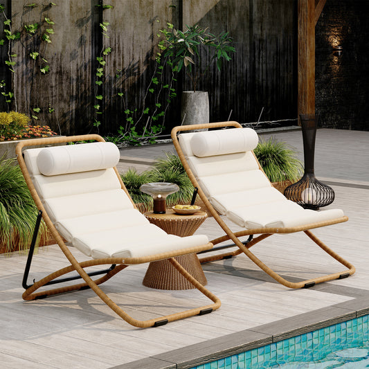 TREXM 2-Pieces Outdoor Folding Chair, Rattan-Wrapped Patio Chair with Adjustable Backrest, Thick Cushion, and Detachable Headrest
