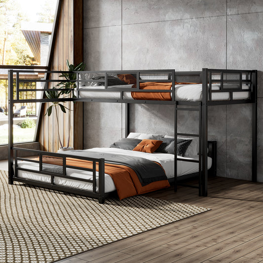 L-shaped Metal Twin over Full Bunk Bed, Black, Durable Steel Frame with Space-Saving Design