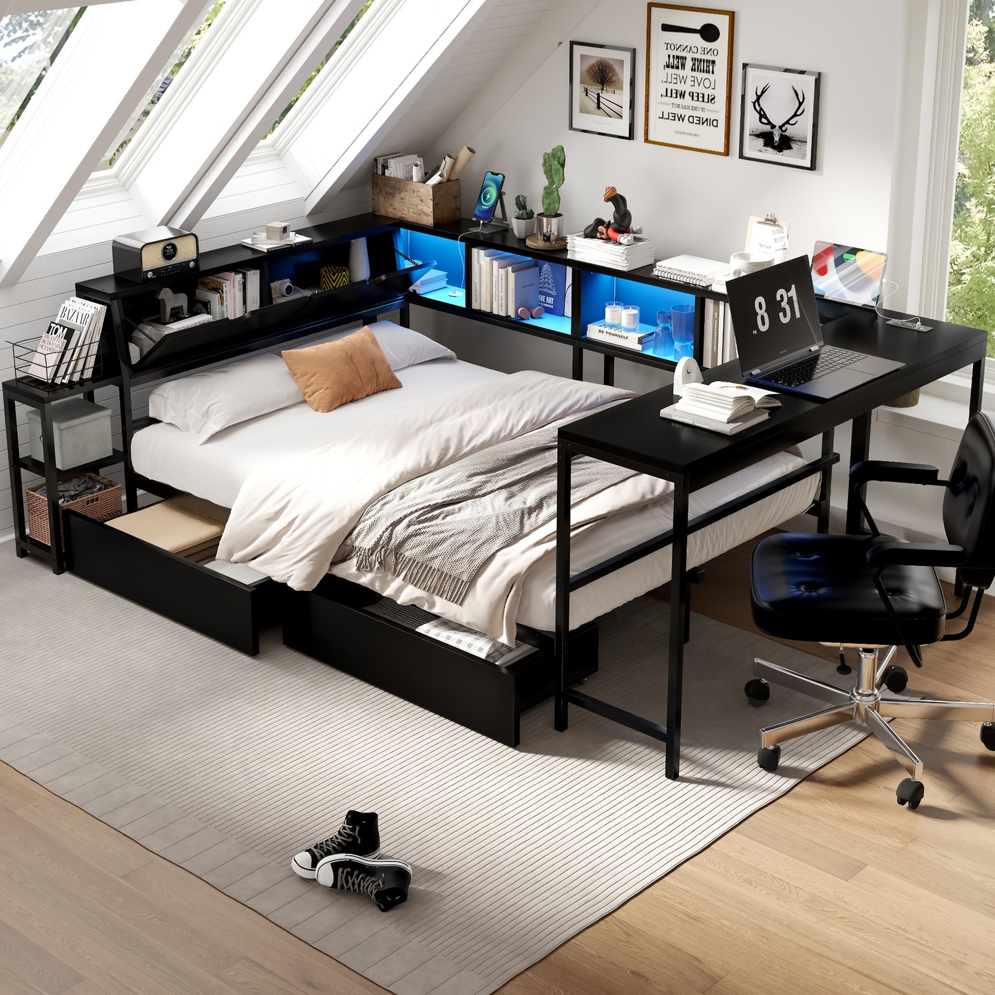 Corner Bed Frame Twin Size with Bookcase and 2 Underbed Storage Drawers, Modern Bed with LED Light and Charging Station, Left and right interchangeable, Black