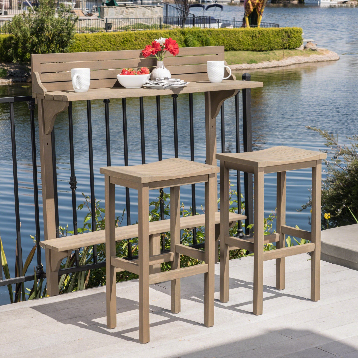 3-Piece Balcony Bar Set with Bottom Shelf Table and 2 Stools, Grey Finish